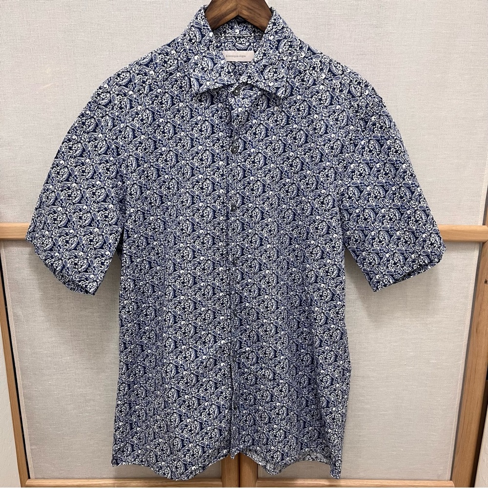 Ermenegildo Zegna Blue Paisley Button Down Shirt Size M Resort Vacation